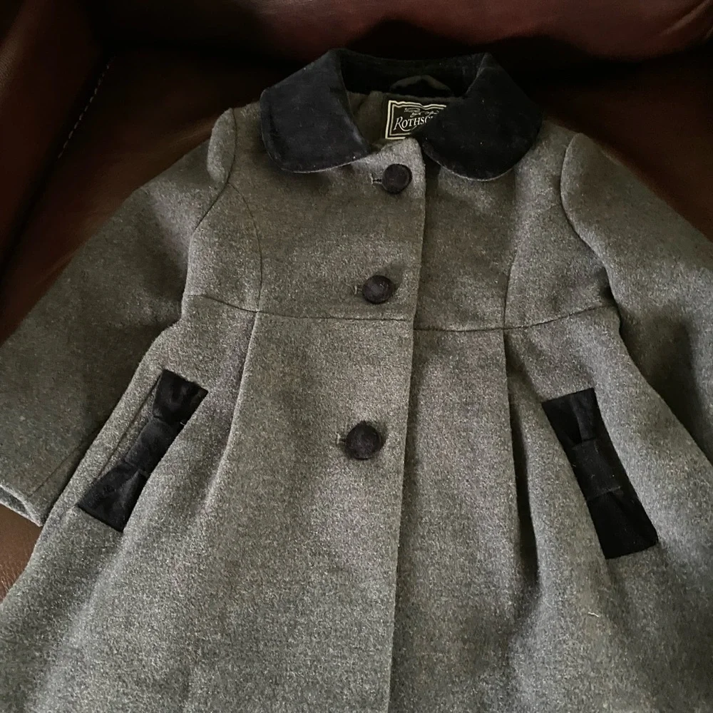 Rothschild Gray Faux Wool Black Velvet Trim Back Bow Adorable Peacoat 2T - Picture 11 of 16